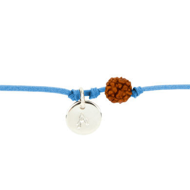 Textil-Armband mit Silberplakette und Rudraksha-Perle blau