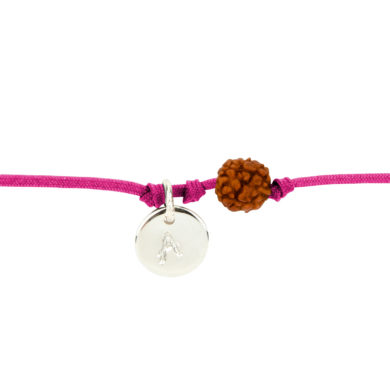 Textil-Armband mit Silberplakette und Rudraksha-Perle fuchsia