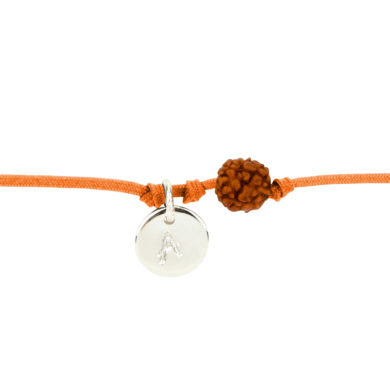 Textil-Armband mit Silberplakette und Rudraksha-Perle orange